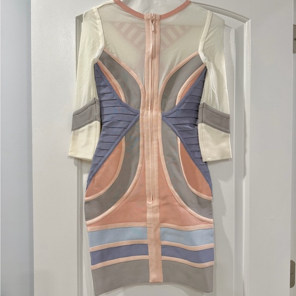 Women’s Small Geometric Panel Bodycon Dress in Pastel Pink, Lavender & Gray - Picture 2 of 3